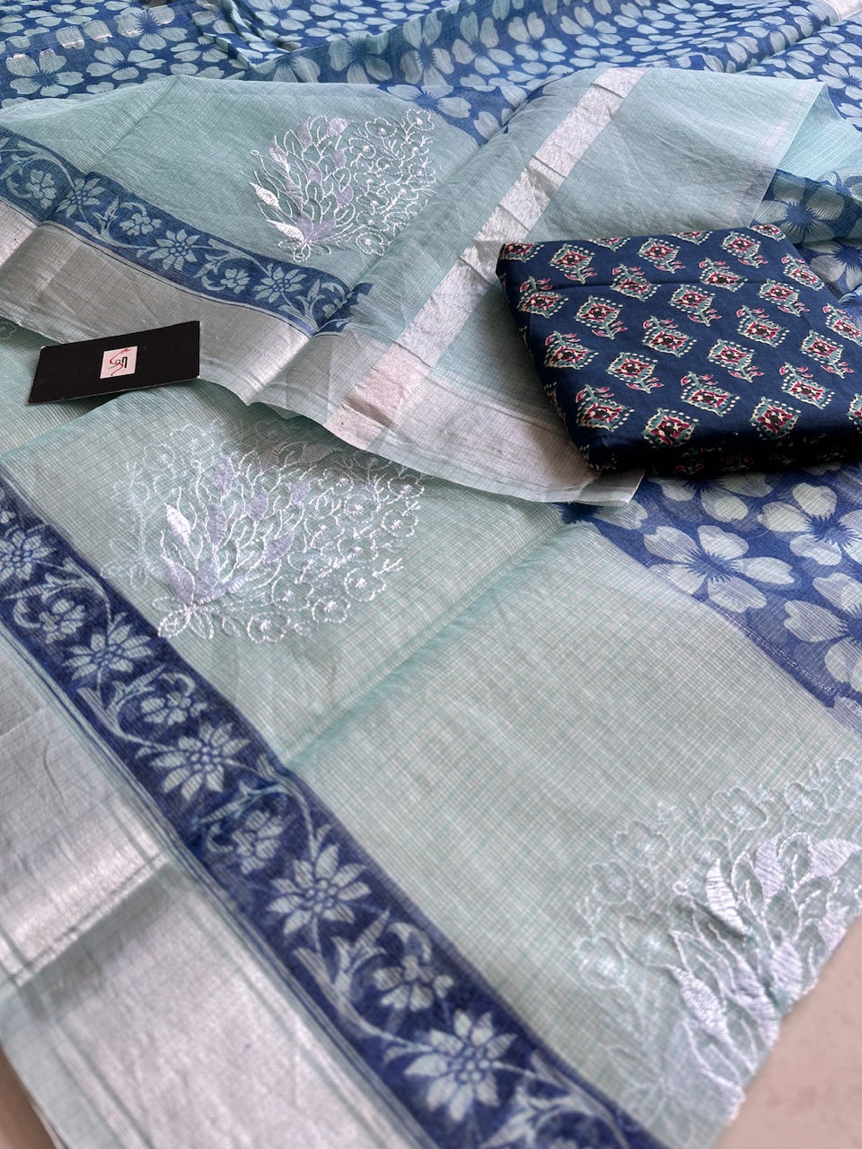 Embroidered HandBlock Printed Kota Cotton Doria Saree