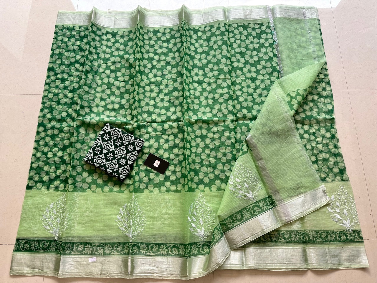 Embroidered HandBlock Printed Kota Cotton Doria Saree