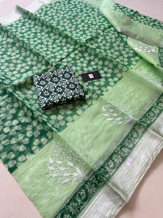 Embroidered HandBlock Printed Kota Cotton Doria Saree