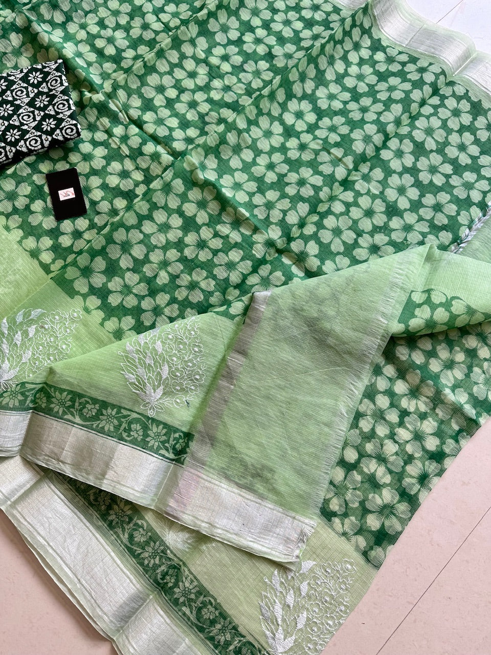 Embroidered HandBlock Printed Kota Cotton Doria Saree