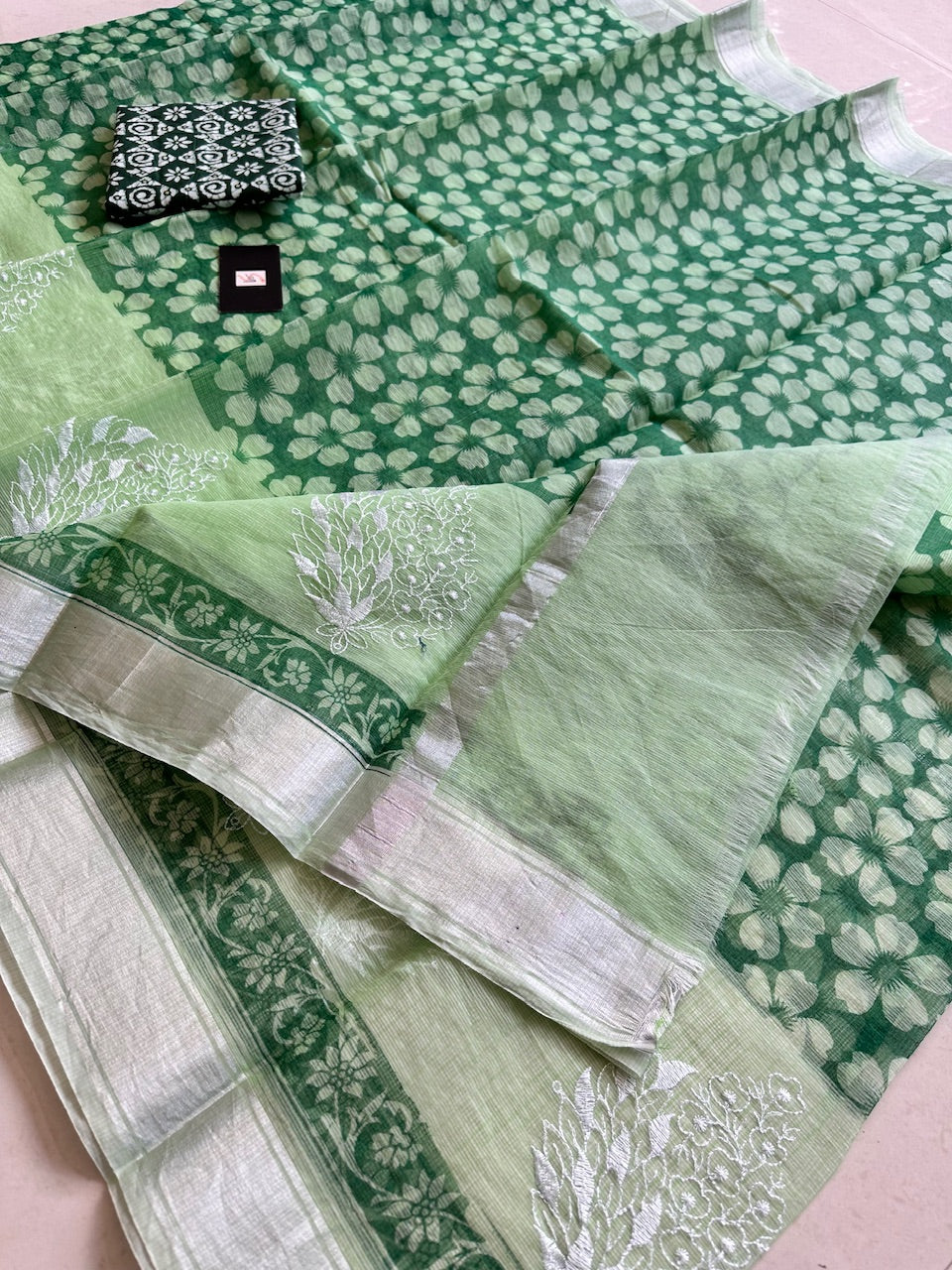 Embroidered HandBlock Printed Kota Cotton Doria Saree