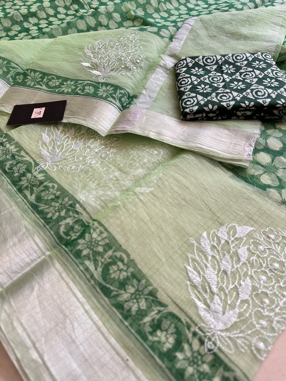 Embroidered HandBlock Printed Kota Cotton Doria Saree