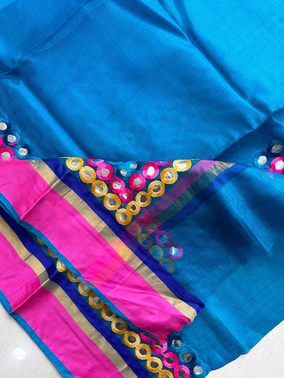 Pure Foil Mirror Embroidered Kota Silk Saree