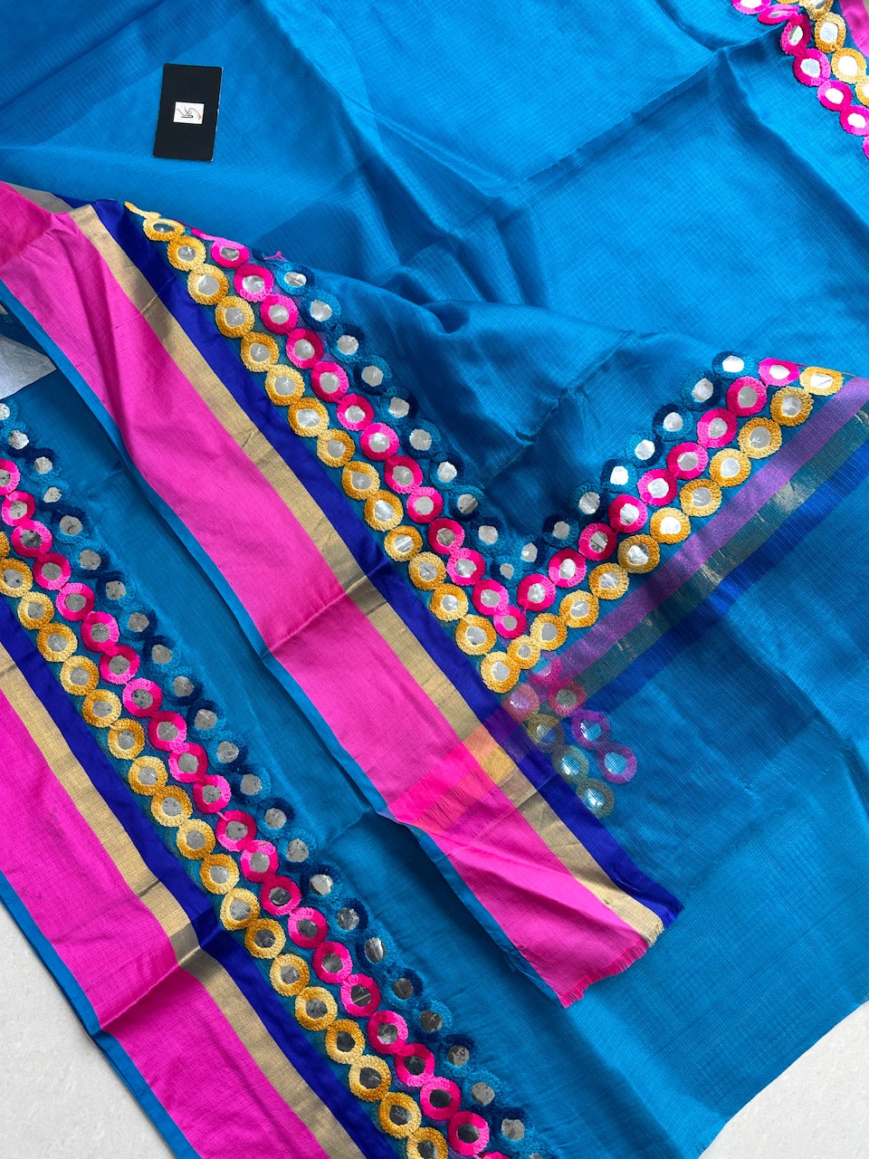 Pure Foil Mirror Embroidered Kota Silk Saree