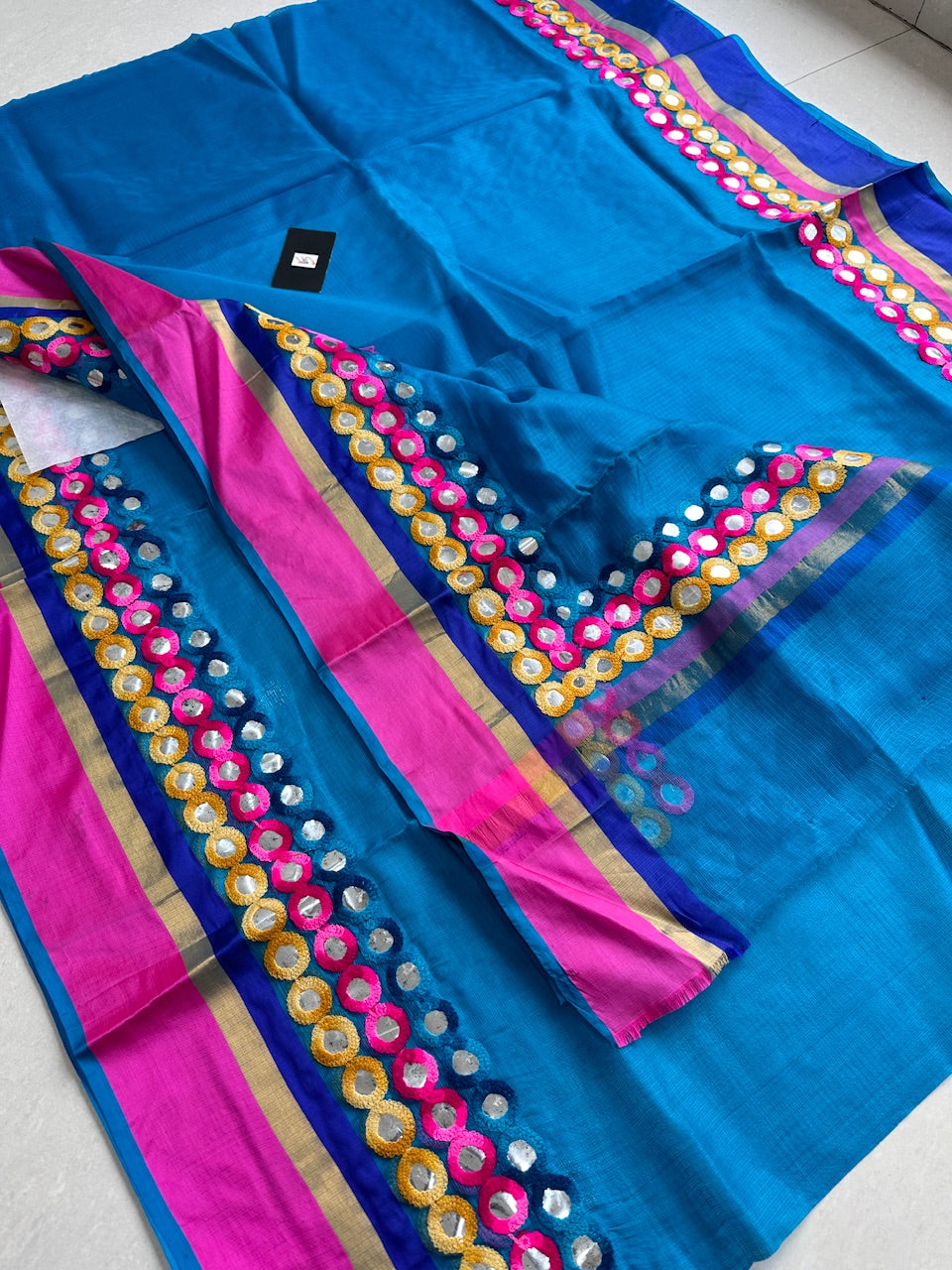 Pure Foil Mirror Embroidered Kota Silk Saree