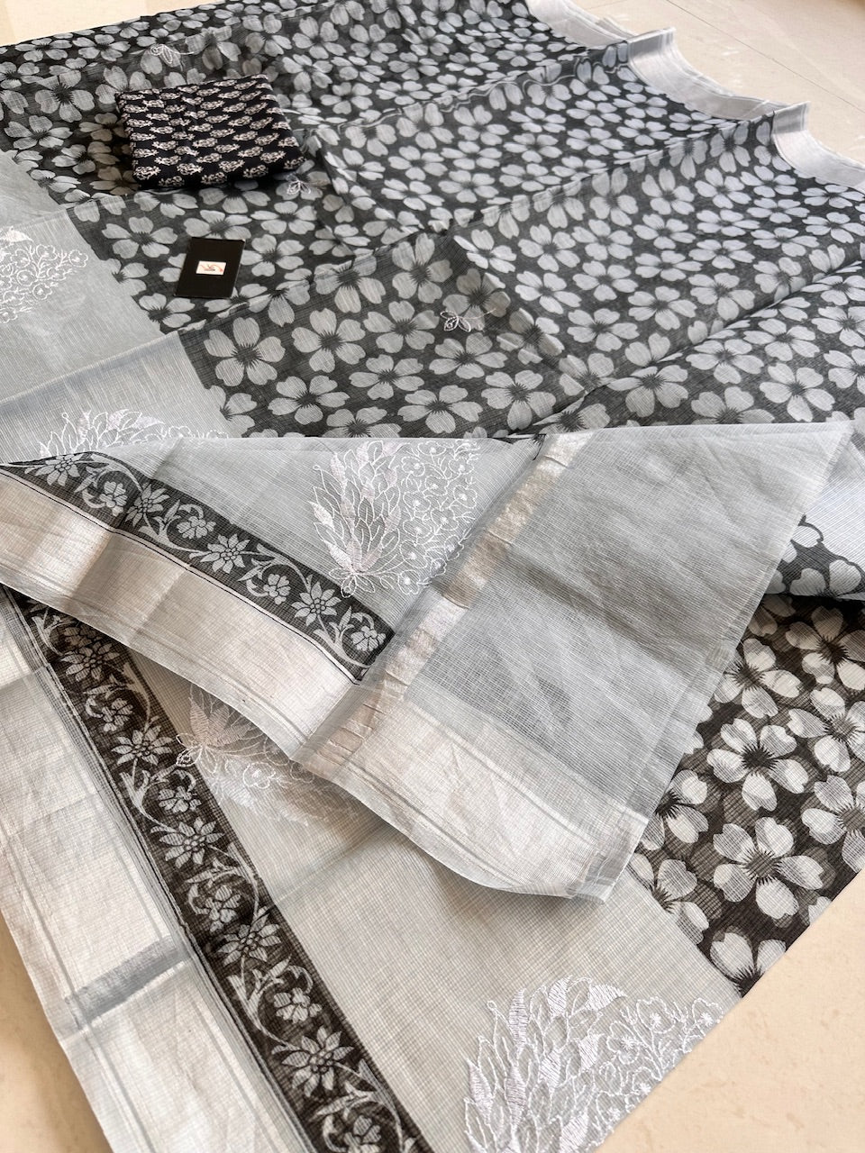 Embroidered HandBlock Printed Kota Cotton Doria Saree