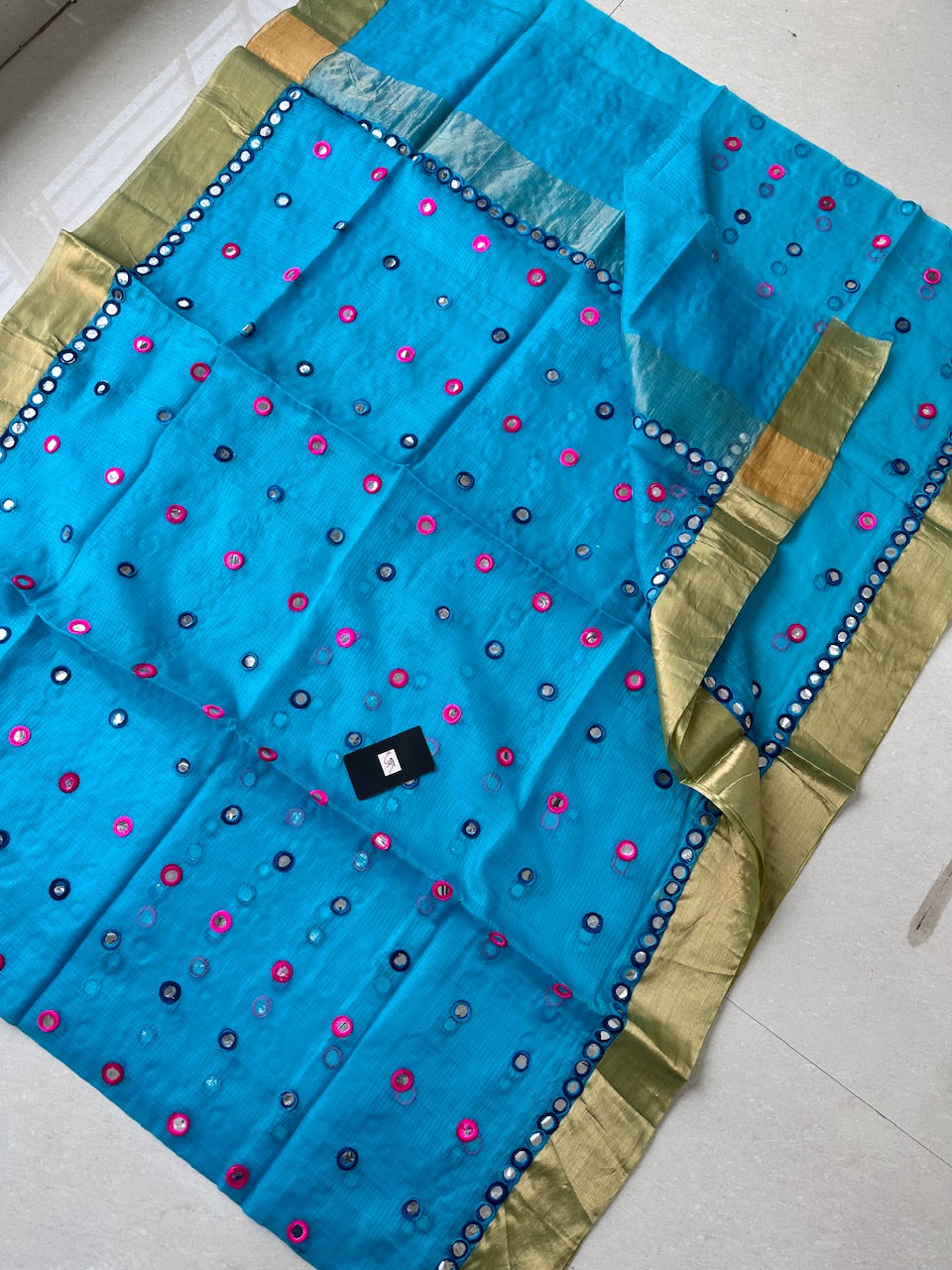 Pure Foil Mirror Embroidered Kota Silk Saree