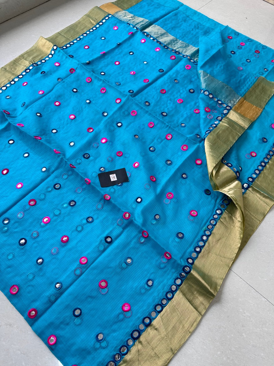 Pure Foil Mirror Embroidered Kota Silk Saree