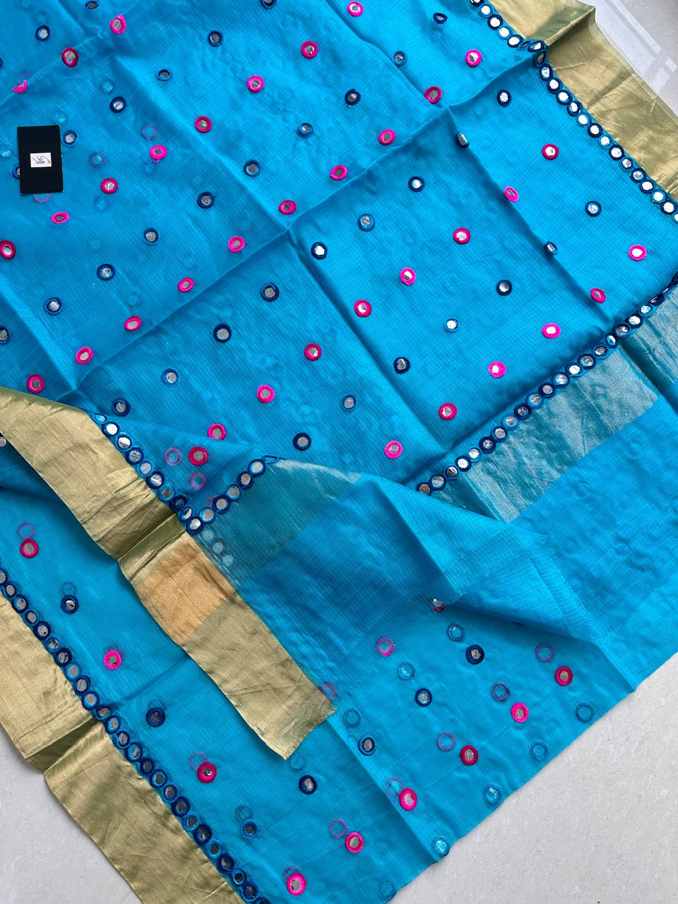 Pure Foil Mirror Embroidered Kota Silk Saree