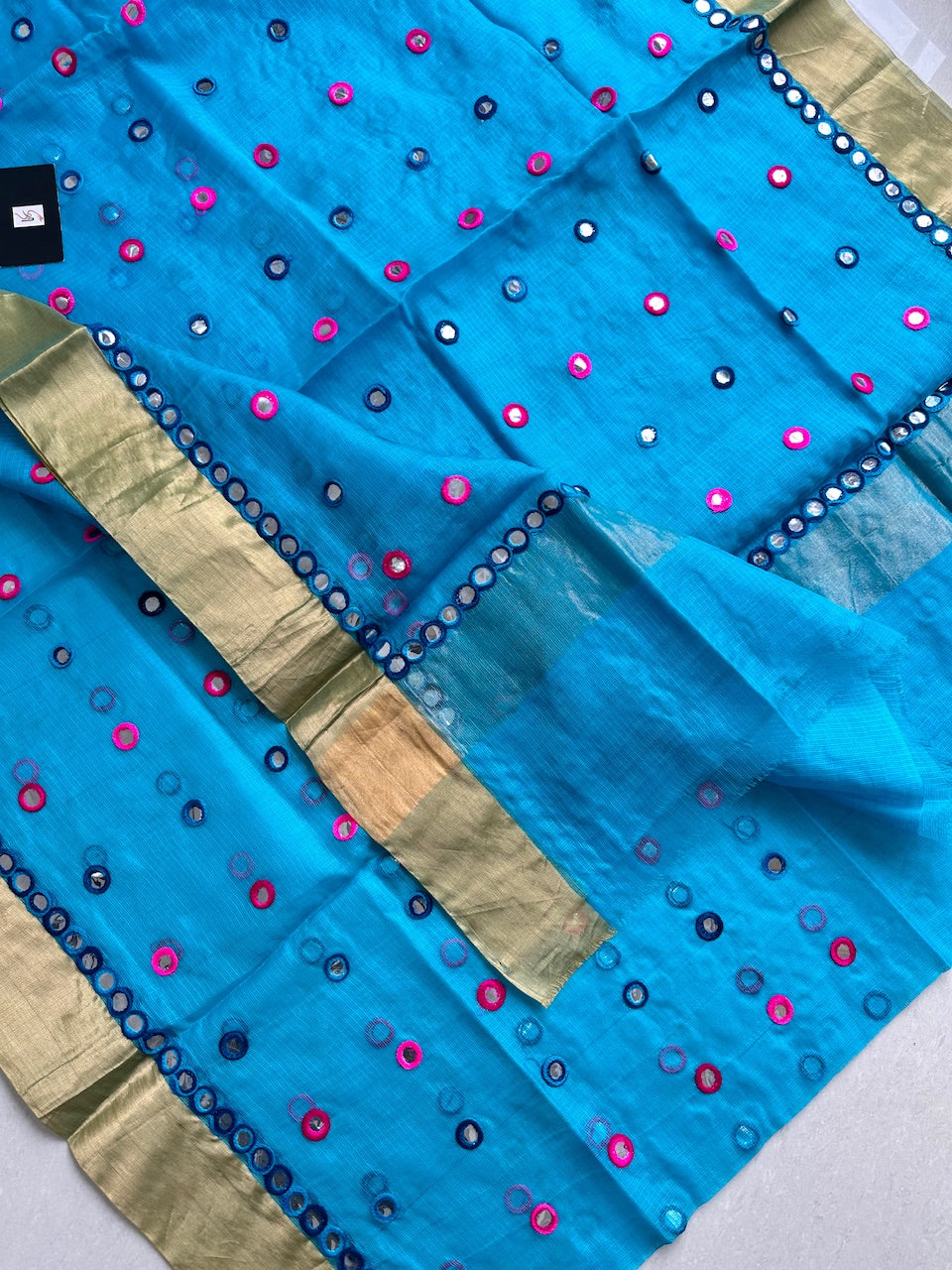 Pure Foil Mirror Embroidered Kota Silk Saree