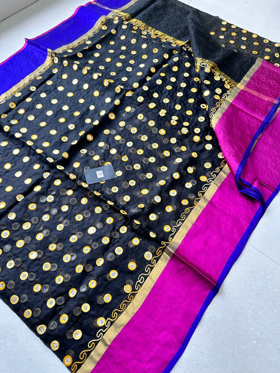 Pure Foil Mirror Embroidered Kota Silk Saree