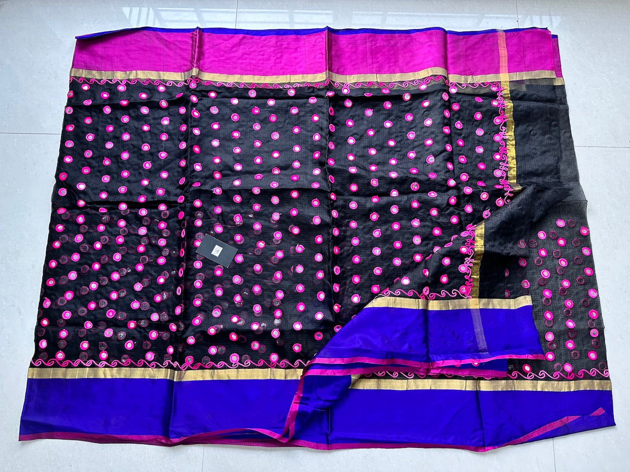 Pure Foil Mirror Embroidered Kota Silk Saree