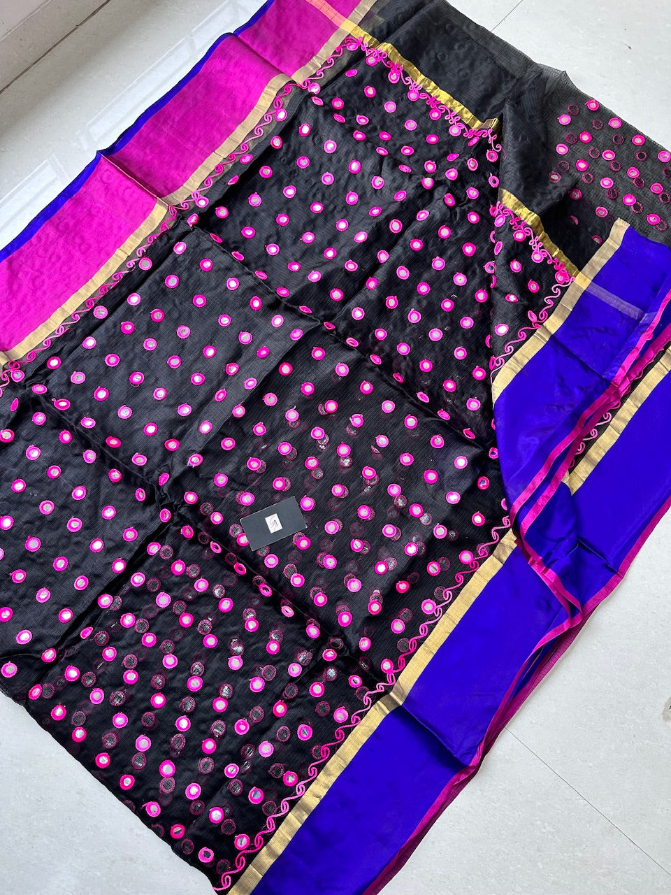 Pure Foil Mirror Embroidered Kota Silk Saree