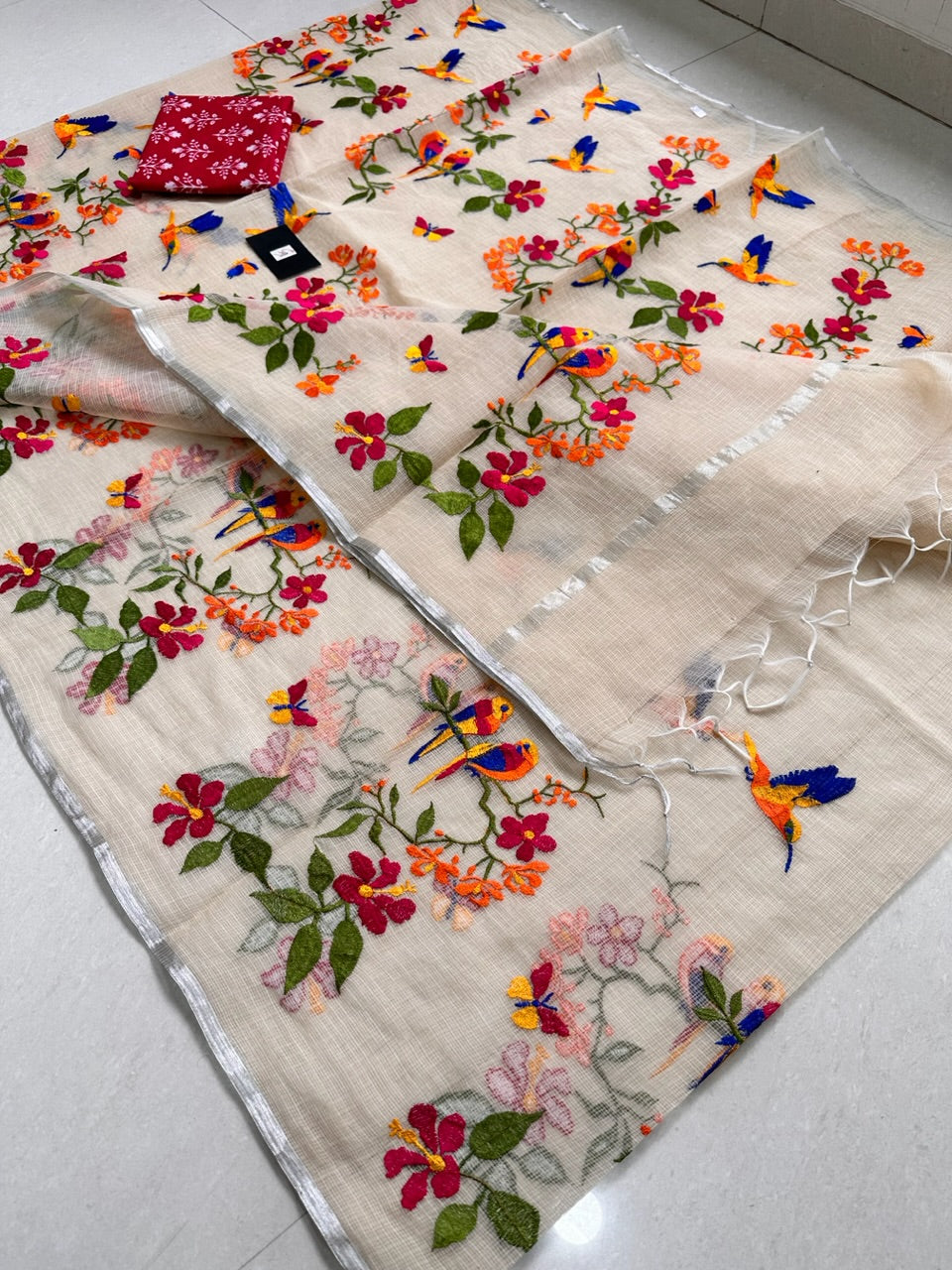 Embroidered Kota Cotton Doria Saree