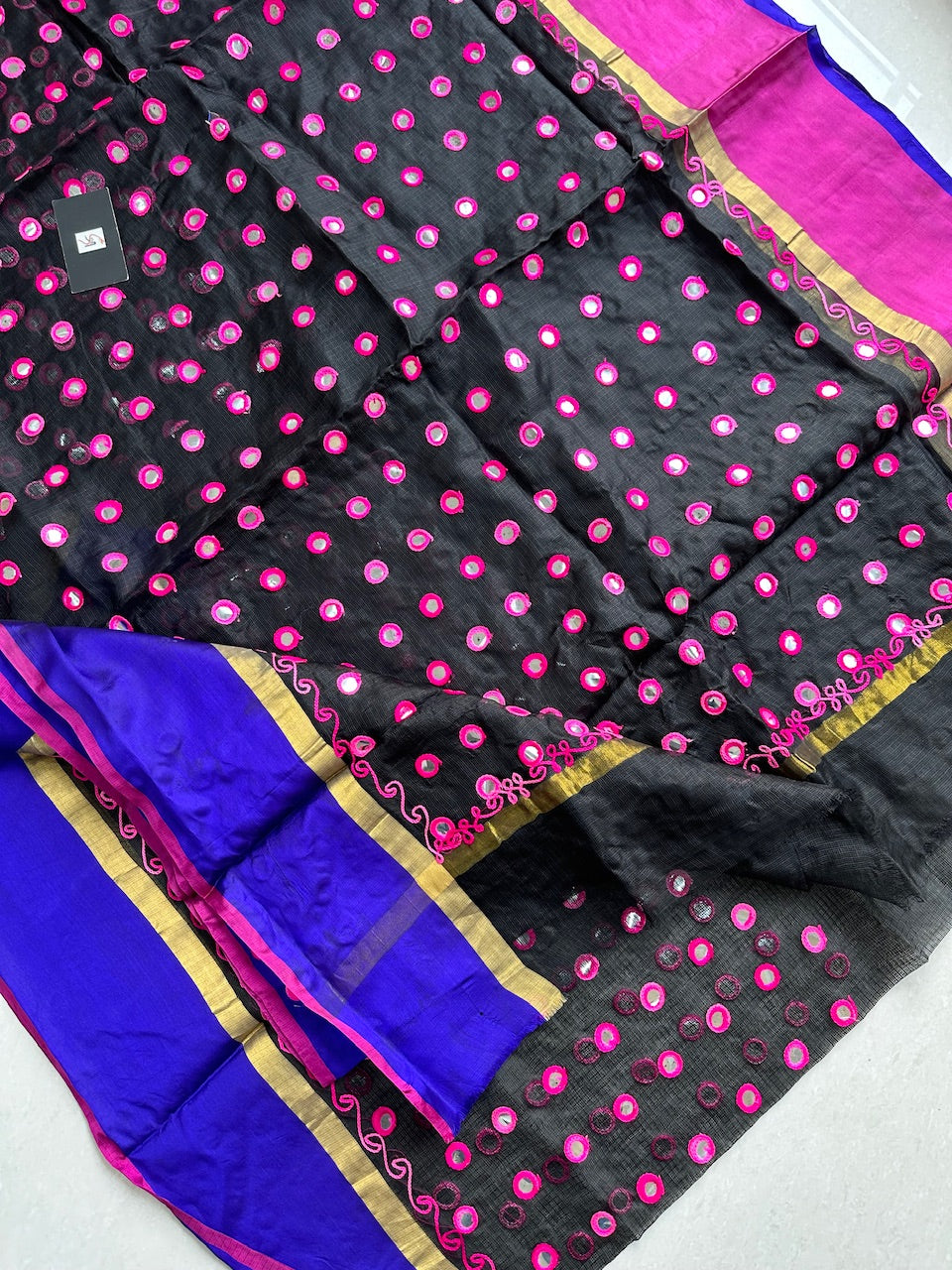 Pure Foil Mirror Embroidered Kota Silk Saree