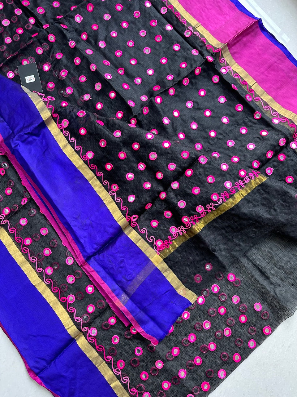 Pure Foil Mirror Embroidered Kota Silk Saree