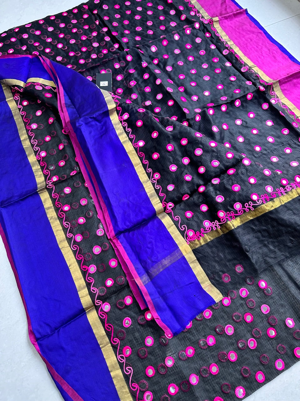 Pure Foil Mirror Embroidered Kota Silk Saree