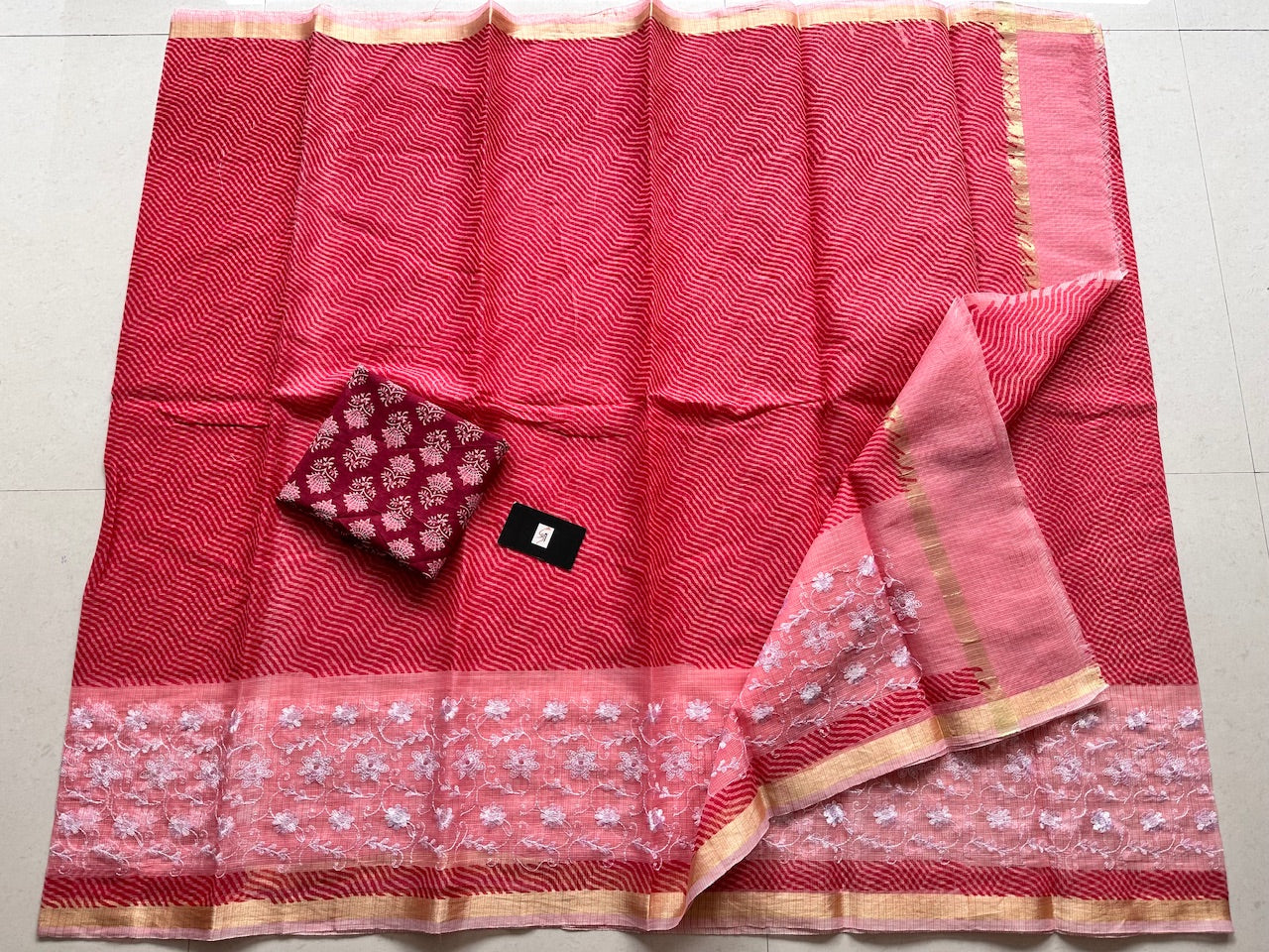 Embroidered HandBlock Printed Kota Cotton Doria Saree