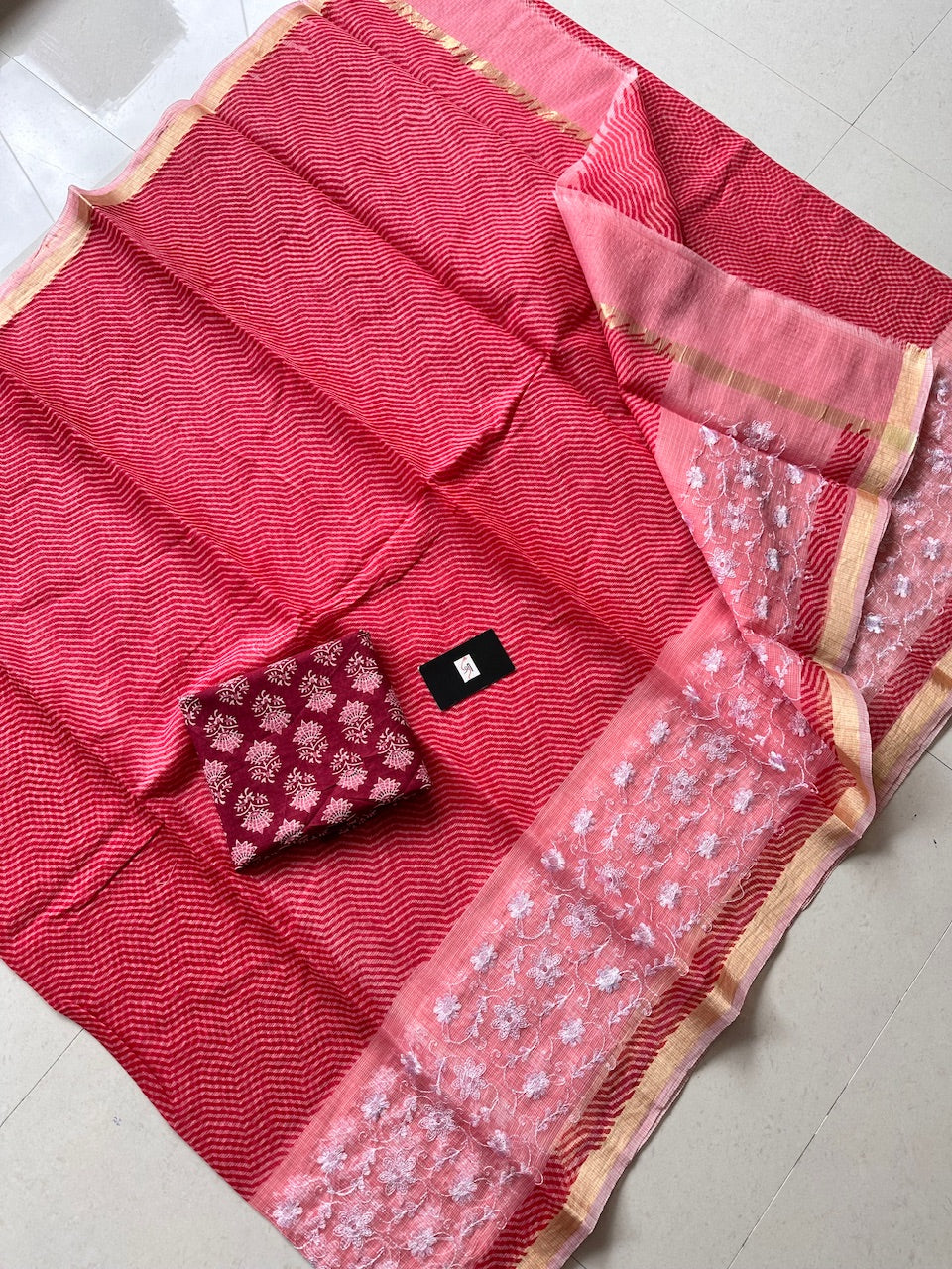 Embroidered HandBlock Printed Kota Cotton Doria Saree