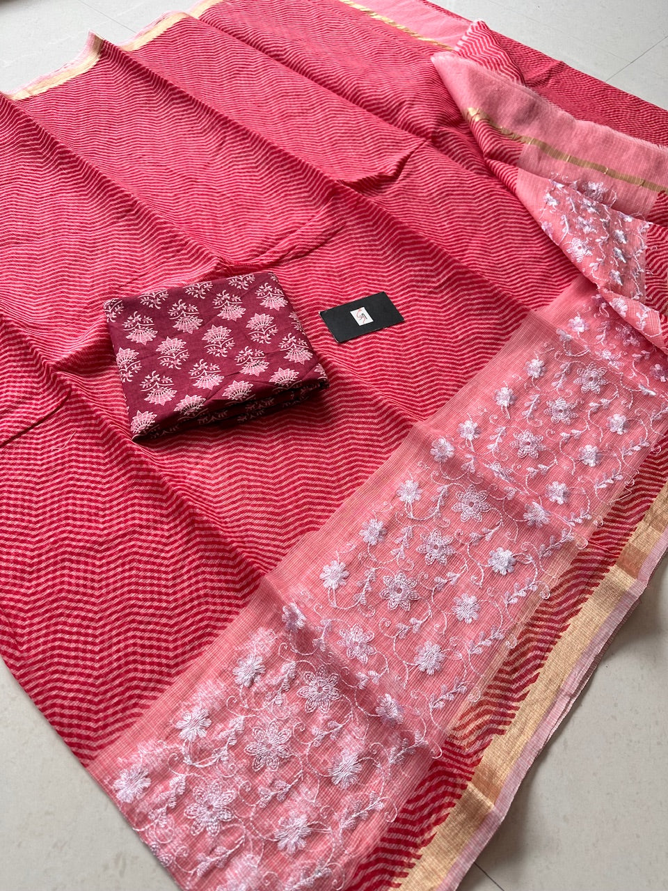 Embroidered HandBlock Printed Kota Cotton Doria Saree