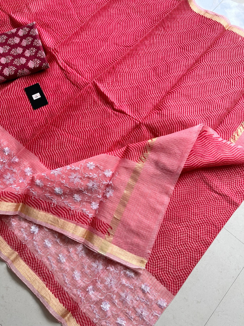 Embroidered HandBlock Printed Kota Cotton Doria Saree