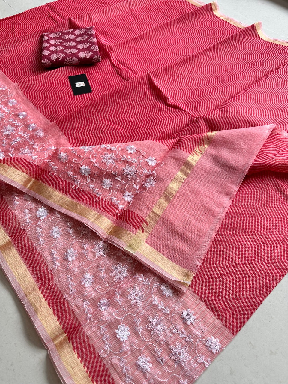 Embroidered HandBlock Printed Kota Cotton Doria Saree