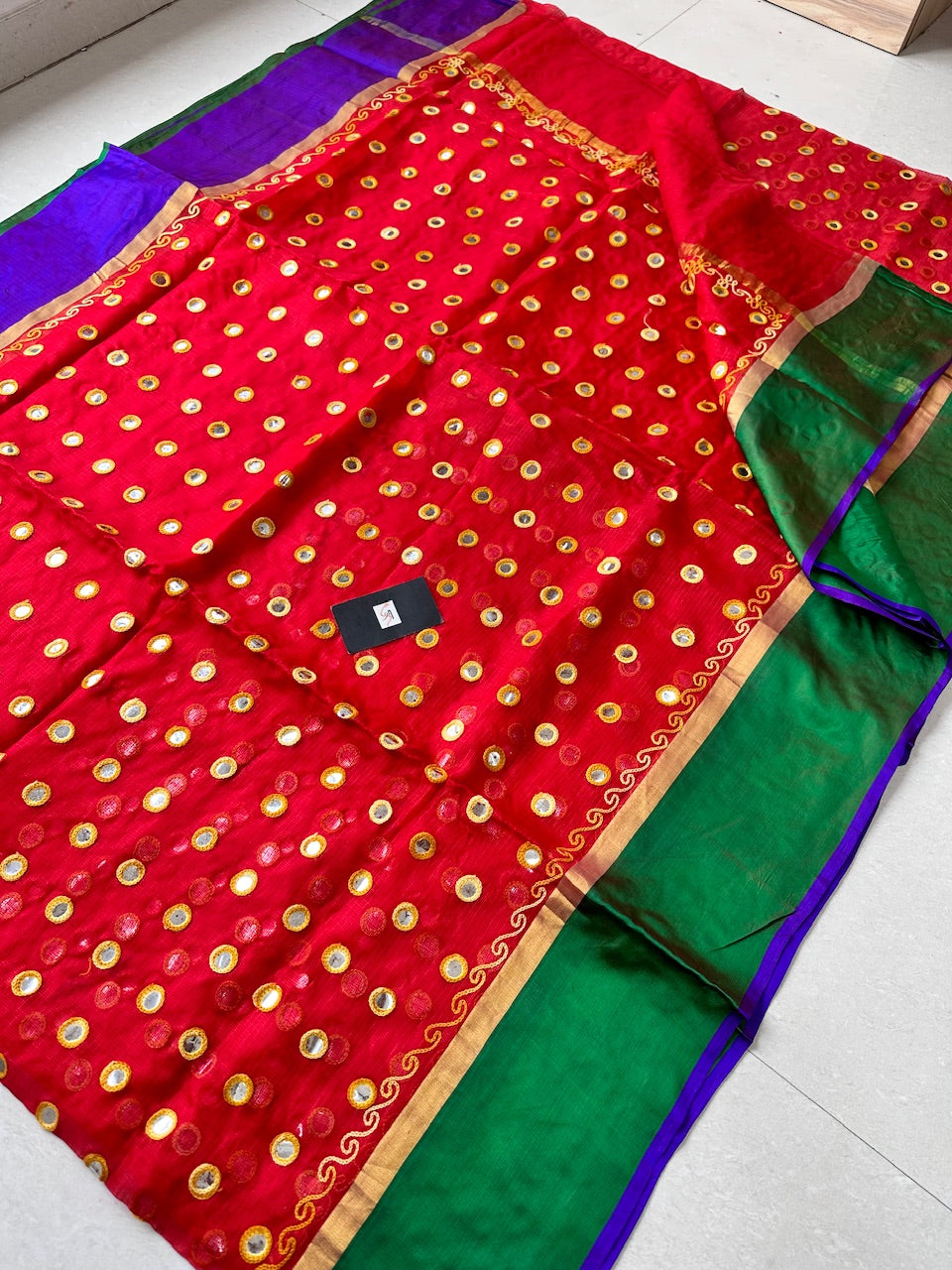 Pure Foil Mirror Embroidered Kota Silk Saree