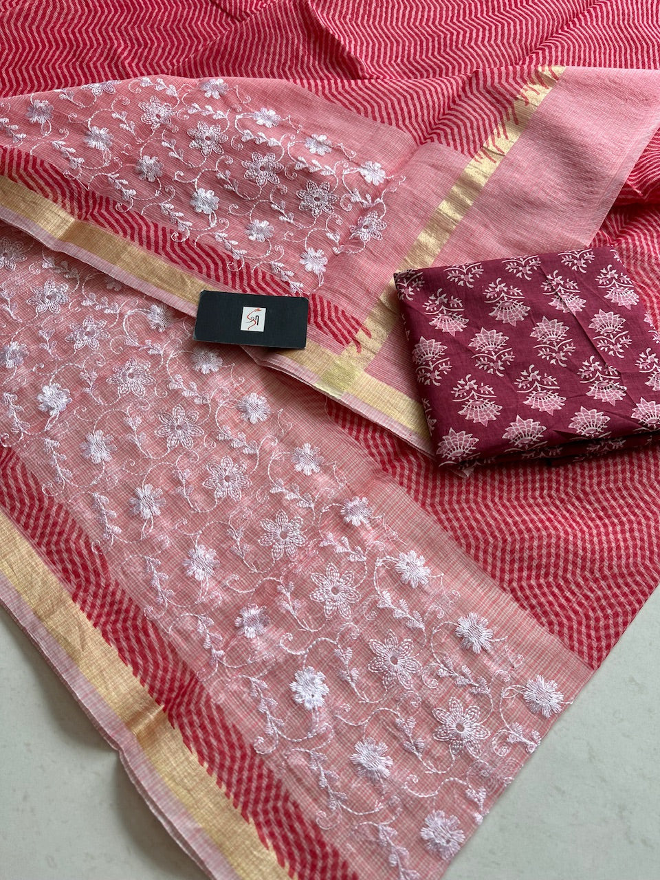 Embroidered HandBlock Printed Kota Cotton Doria Saree