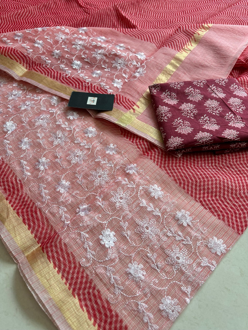 Embroidered HandBlock Printed Kota Cotton Doria Saree