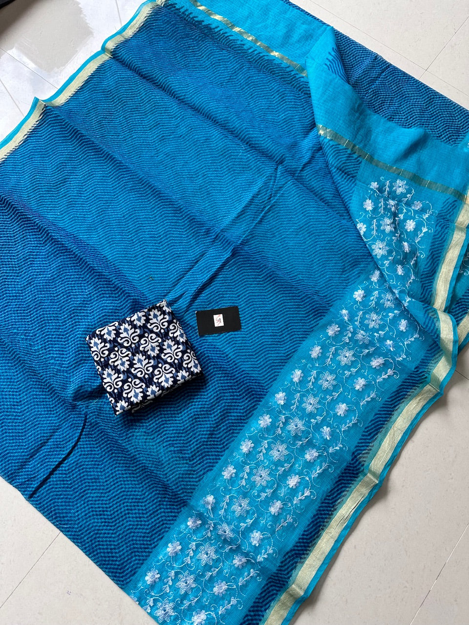 Embroidered HandBlock Printed Kota Cotton Doria Saree