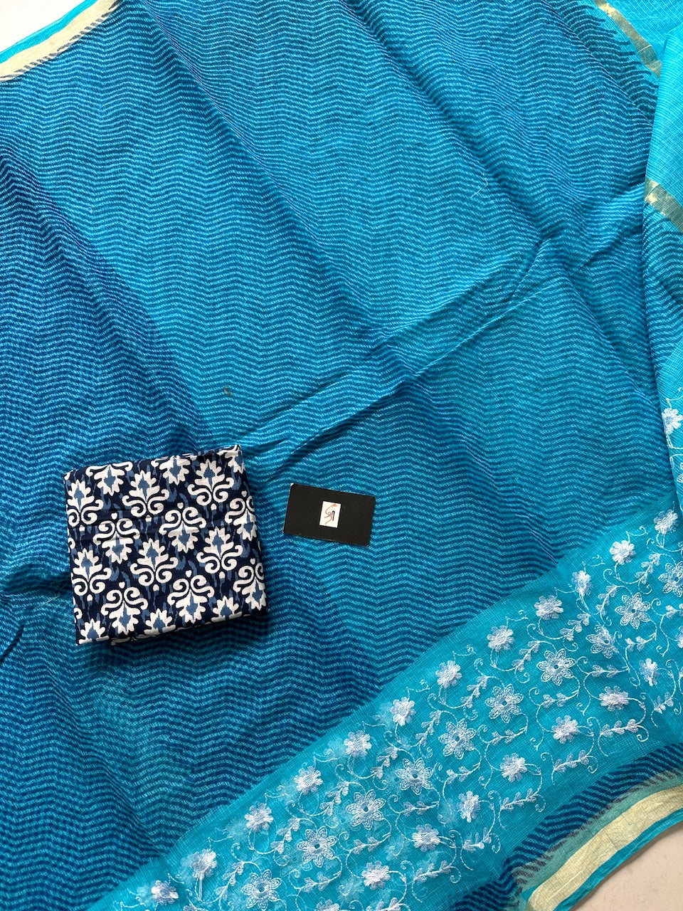 Embroidered HandBlock Printed Kota Cotton Doria Saree