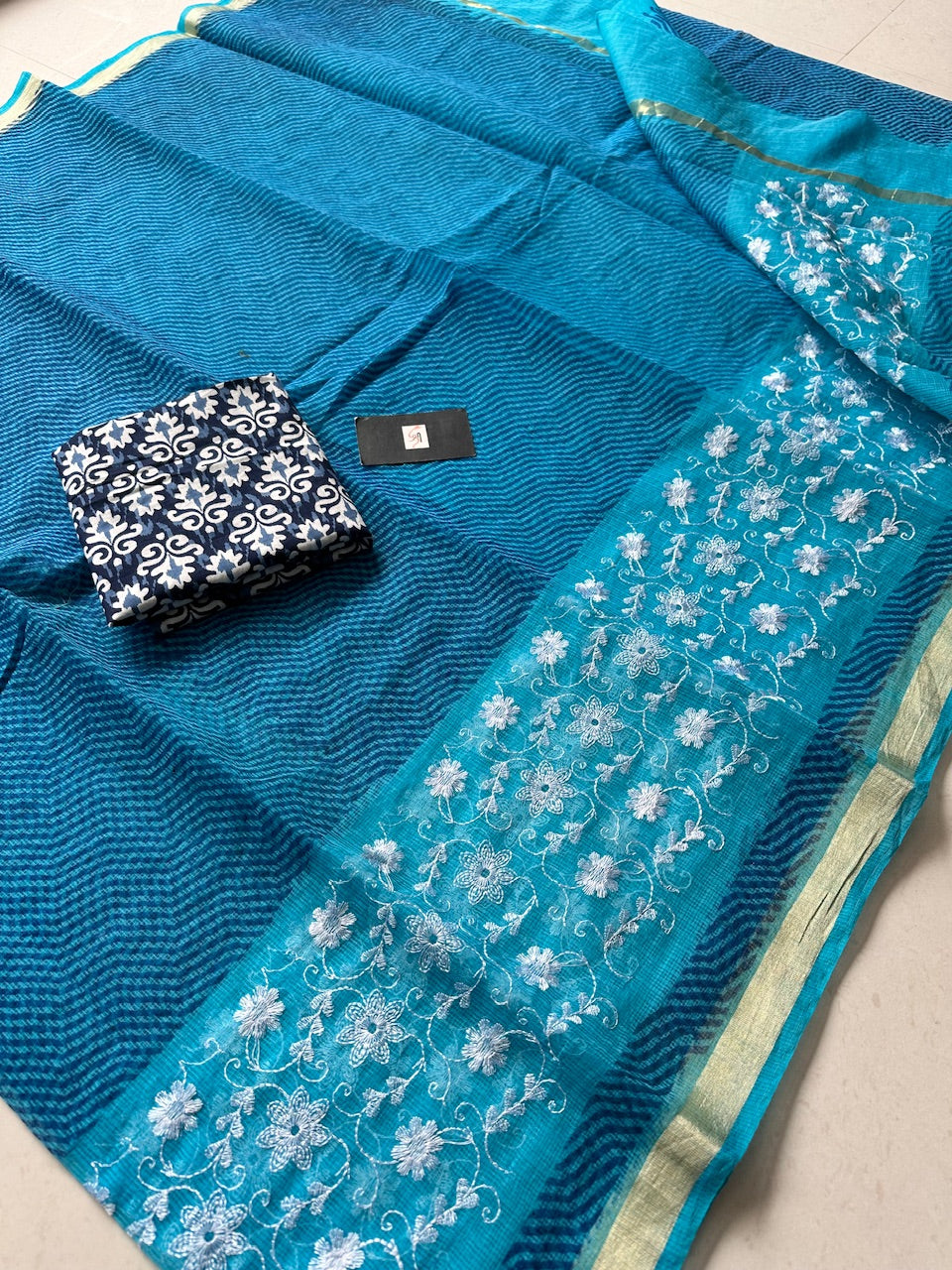 Embroidered HandBlock Printed Kota Cotton Doria Saree