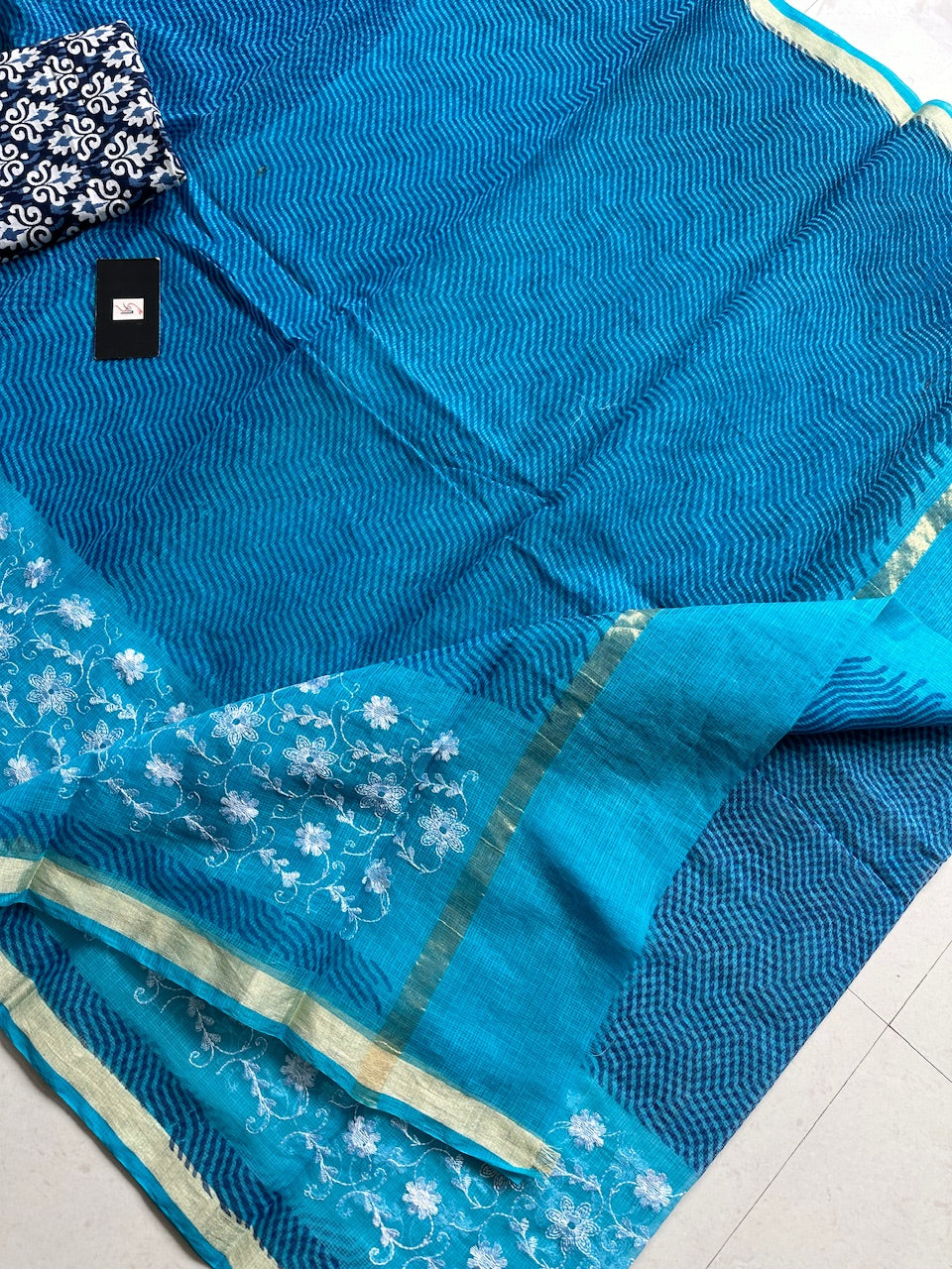 Embroidered HandBlock Printed Kota Cotton Doria Saree