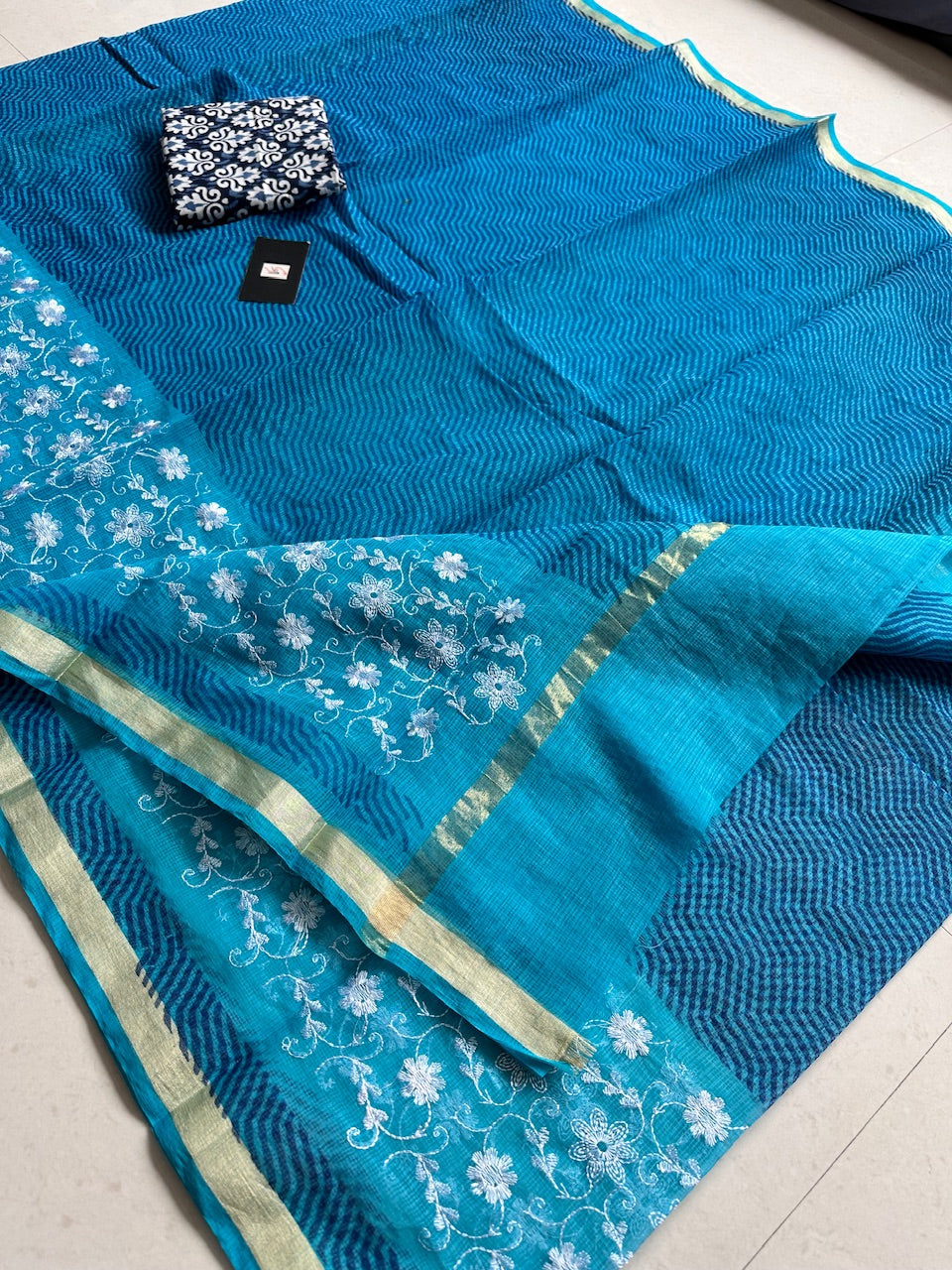 Embroidered HandBlock Printed Kota Cotton Doria Saree