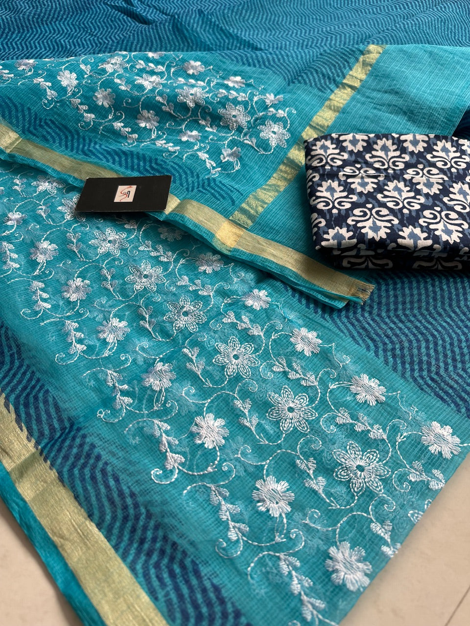 Embroidered HandBlock Printed Kota Cotton Doria Saree