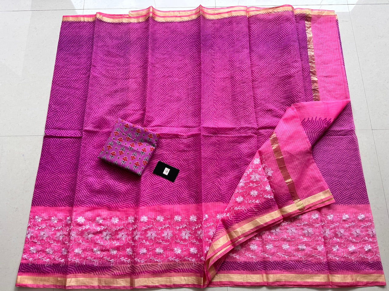 Embroidered HandBlock Printed Kota Cotton Doria Saree