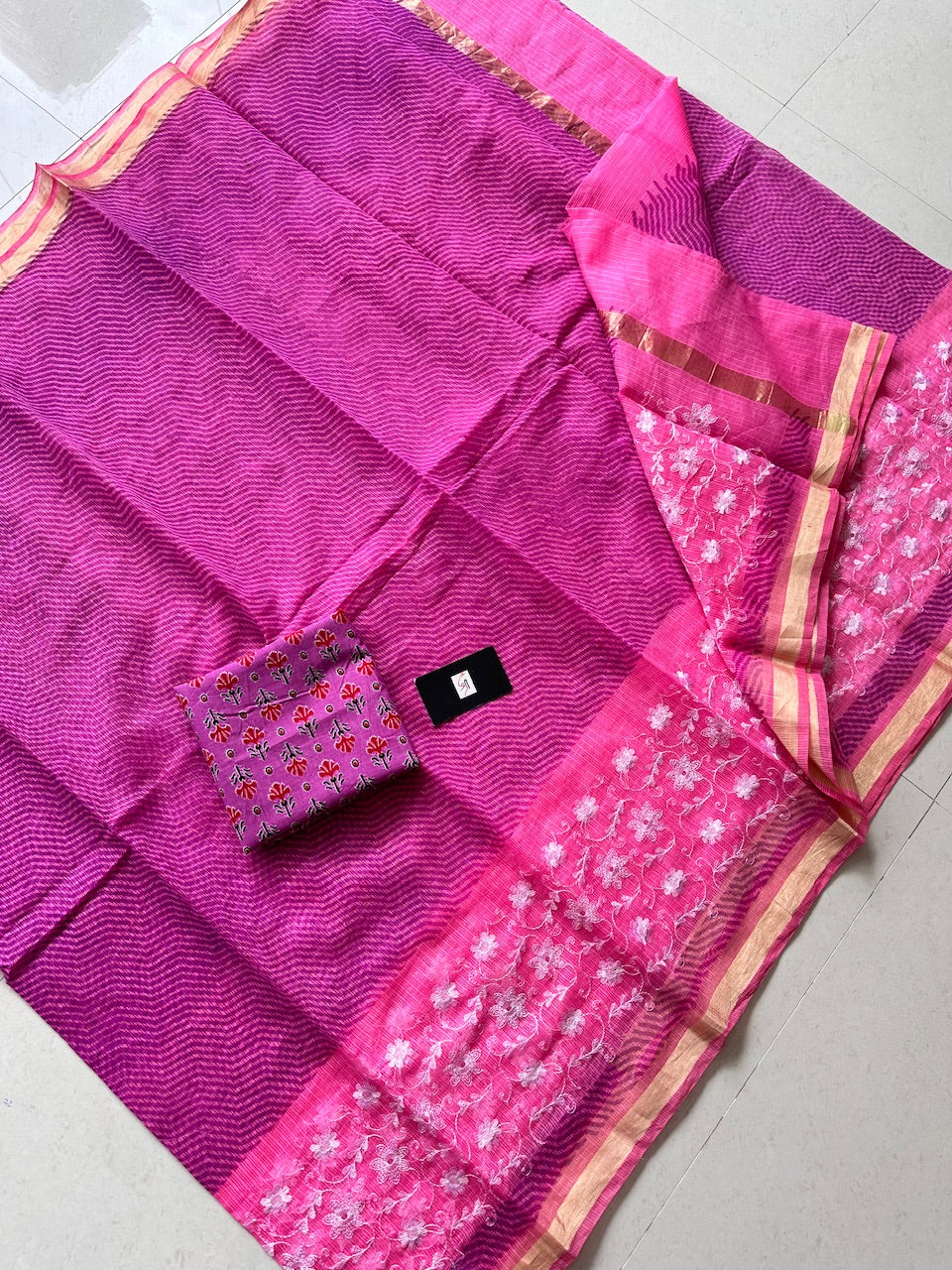 Embroidered HandBlock Printed Kota Cotton Doria Saree