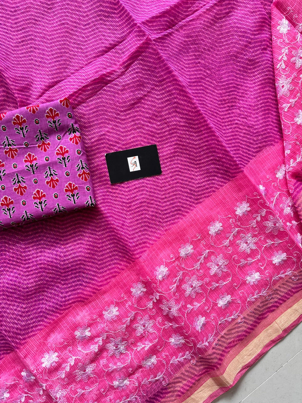 Embroidered HandBlock Printed Kota Cotton Doria Saree