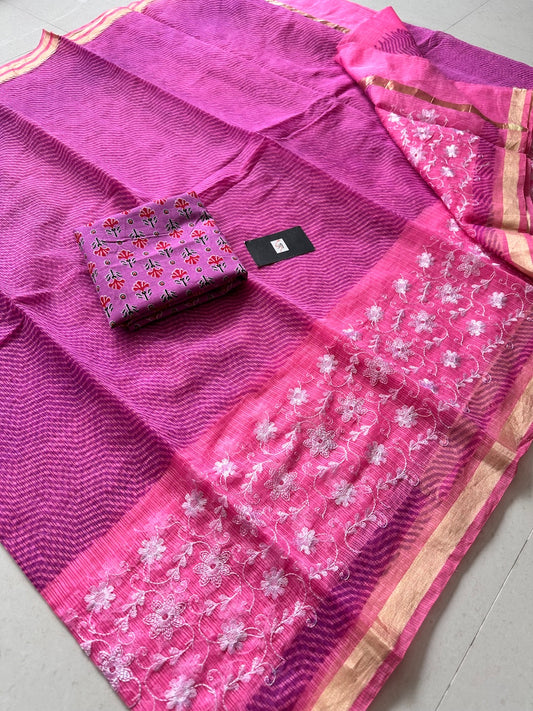 Embroidered HandBlock Printed Kota Cotton Doria Saree