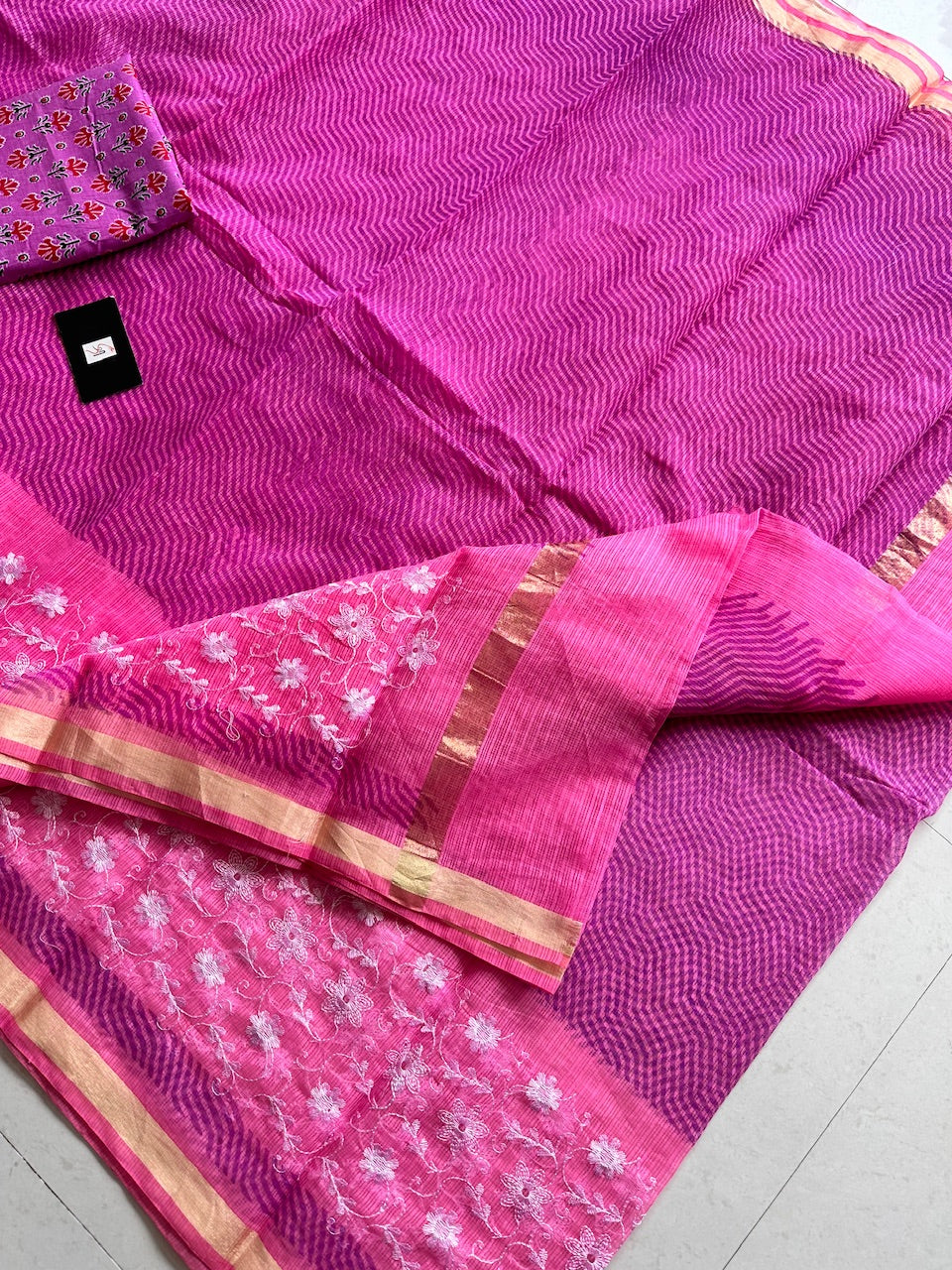 Embroidered HandBlock Printed Kota Cotton Doria Saree