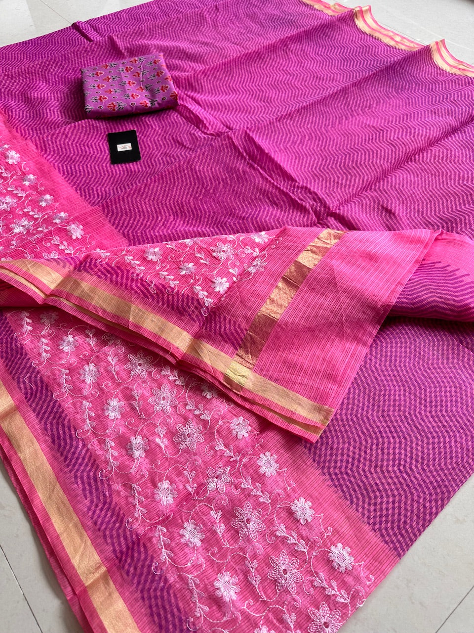 Embroidered HandBlock Printed Kota Cotton Doria Saree