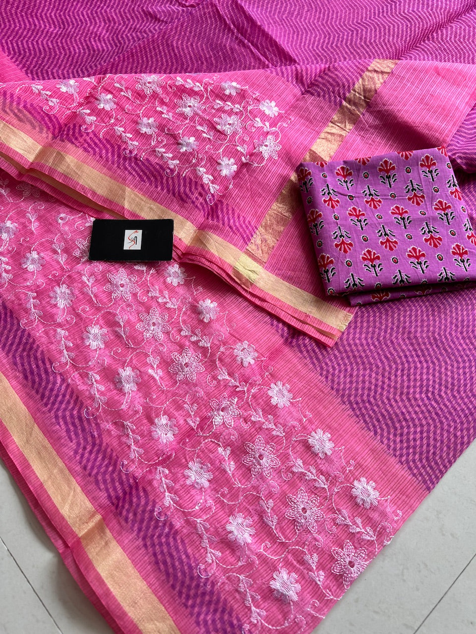 Embroidered HandBlock Printed Kota Cotton Doria Saree