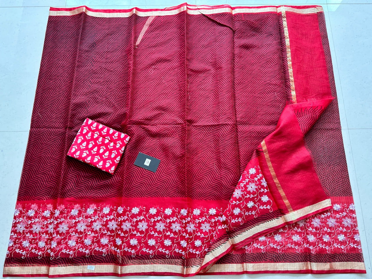 Embroidered HandBlock Printed Kota Cotton Doria Saree