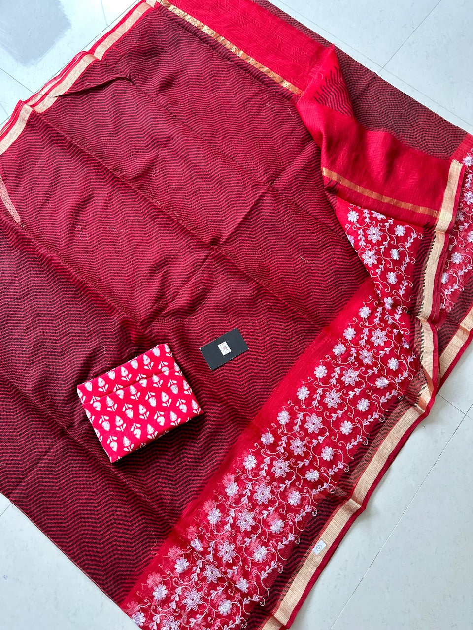 Embroidered HandBlock Printed Kota Cotton Doria Saree