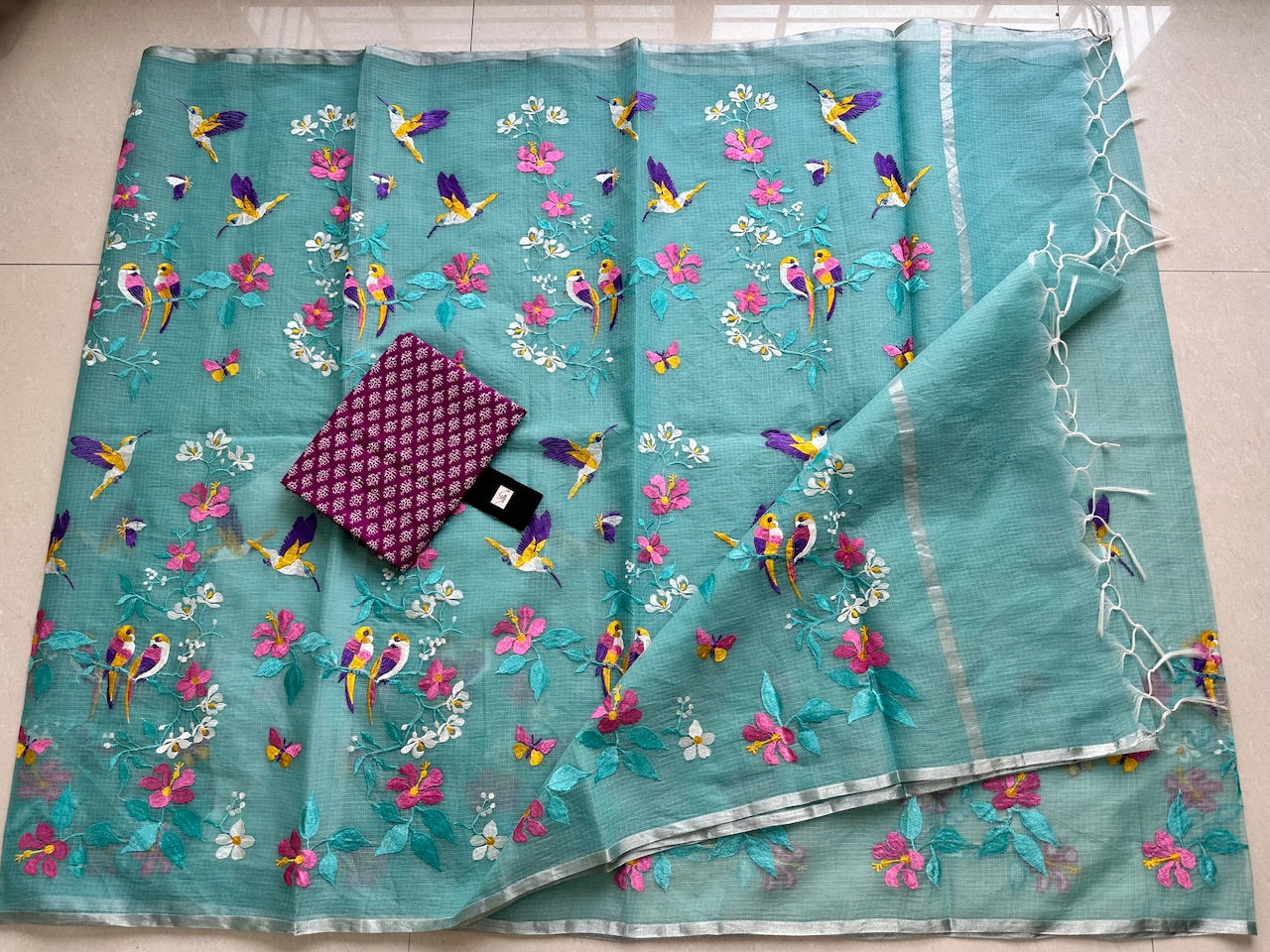 Embroidered Kota Cotton Doria Saree