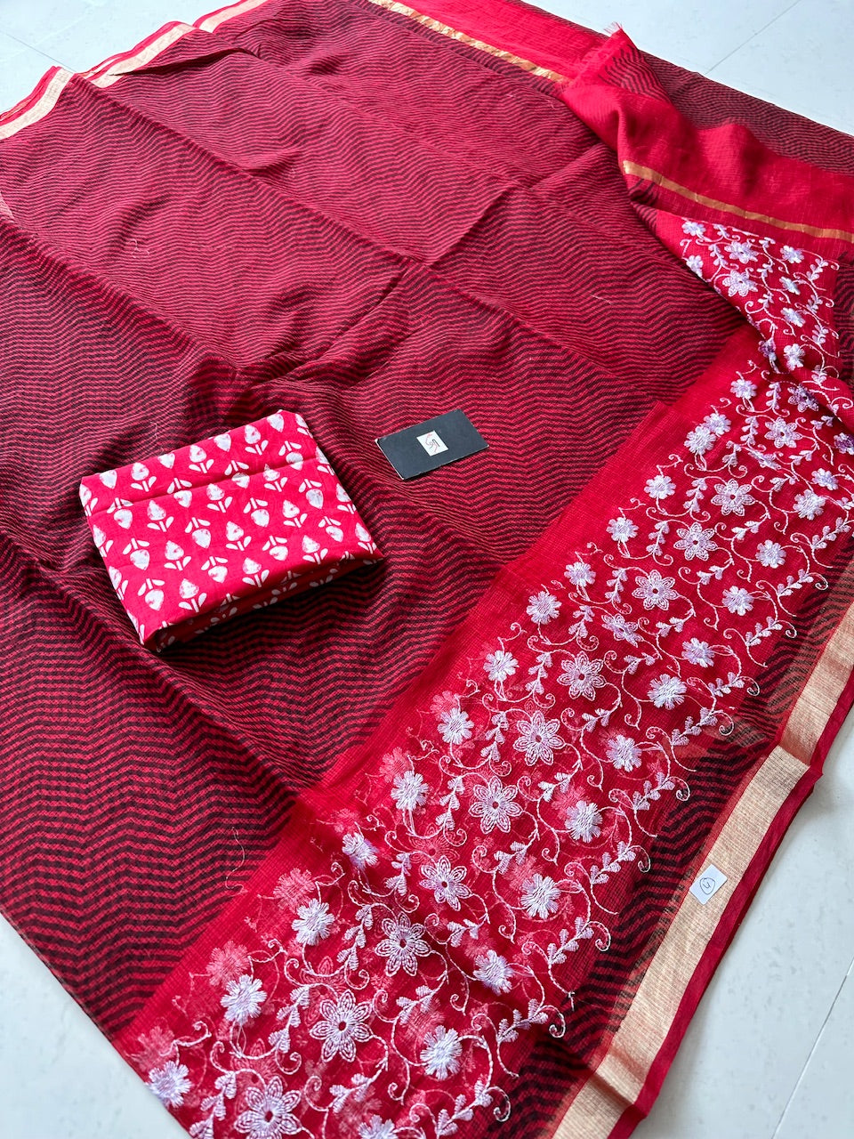 Embroidered HandBlock Printed Kota Cotton Doria Saree