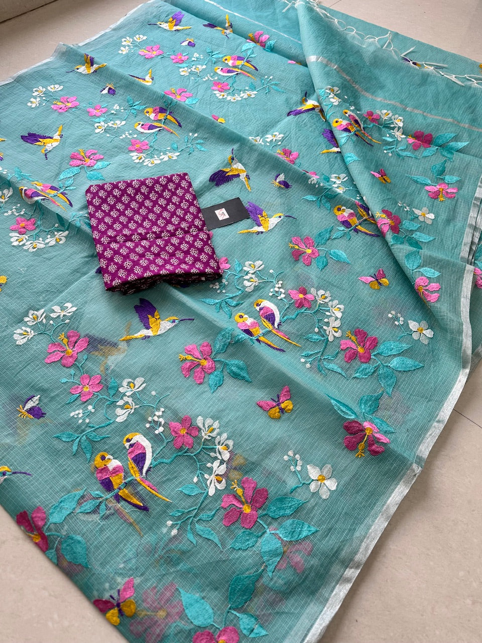 Embroidered Kota Cotton Doria Saree