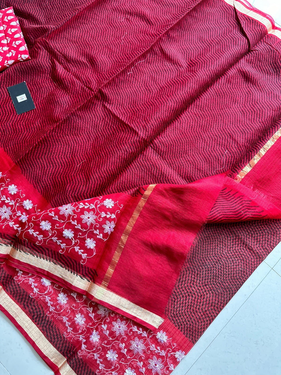 Embroidered HandBlock Printed Kota Cotton Doria Saree