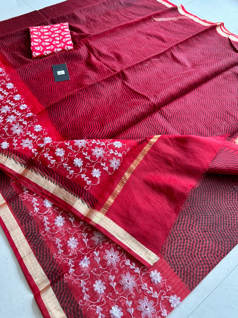 Embroidered HandBlock Printed Kota Cotton Doria Saree