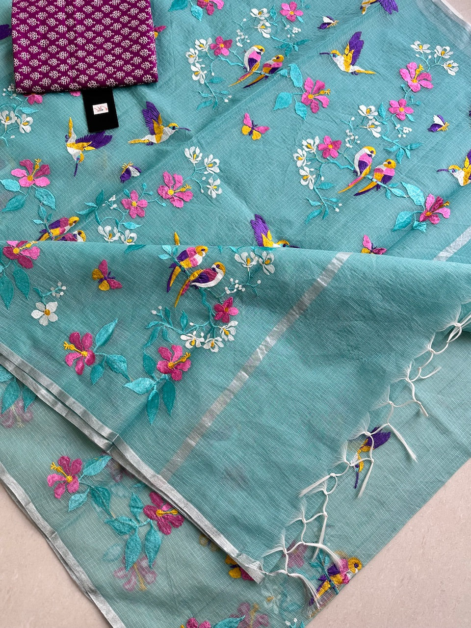 Embroidered Kota Cotton Doria Saree